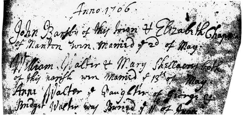 1706 - Marriage Mary Shelacres (Shellaker) and William Walter at Lyndon