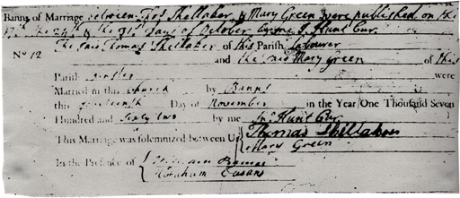 1762 - Nov 14 Marriage Thomas Shellaker Mary Green