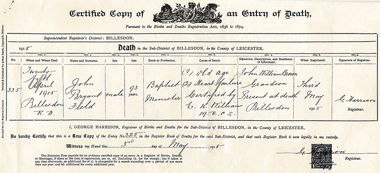 The Death Certificate of the Reverend John Bryant Field