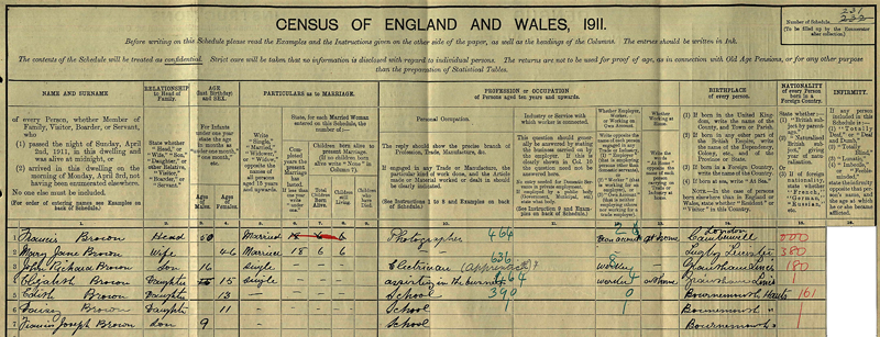 1911 Francis Cable Census - Bournmouth