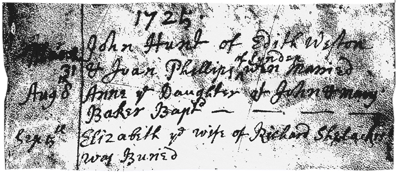 1725 - The burial Elizabeth (Walton) Shelacres wife of Richard (Shellaker)