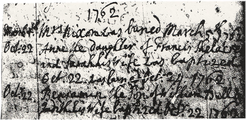 1762 Oct 22 Mary Shelacres Baptism & 24 Oct Burial