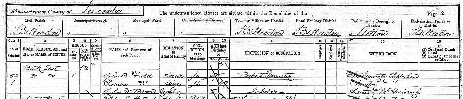 1891 CENSUS - FIVE YEAR OLD JOHN BROWN IN BILLESDON