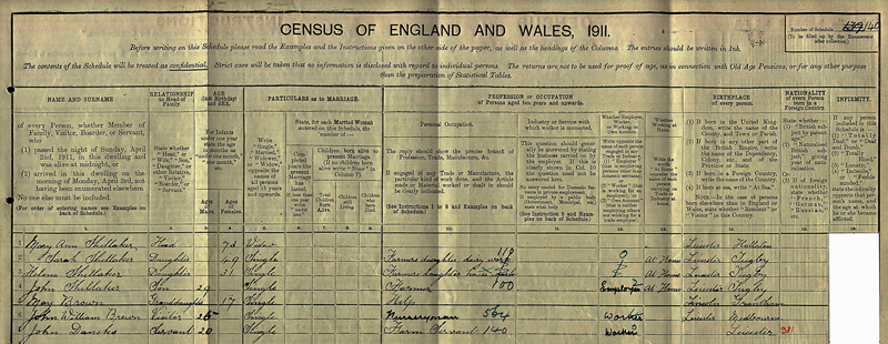 1911 Census - MARY SHELLAKER & FAMILY IN BILLESDON