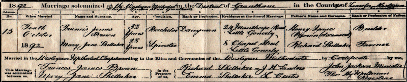 Certificate of Marriage 10th October 1892 - Francis James Brown & Mary Jane Shellaker (Polly)
