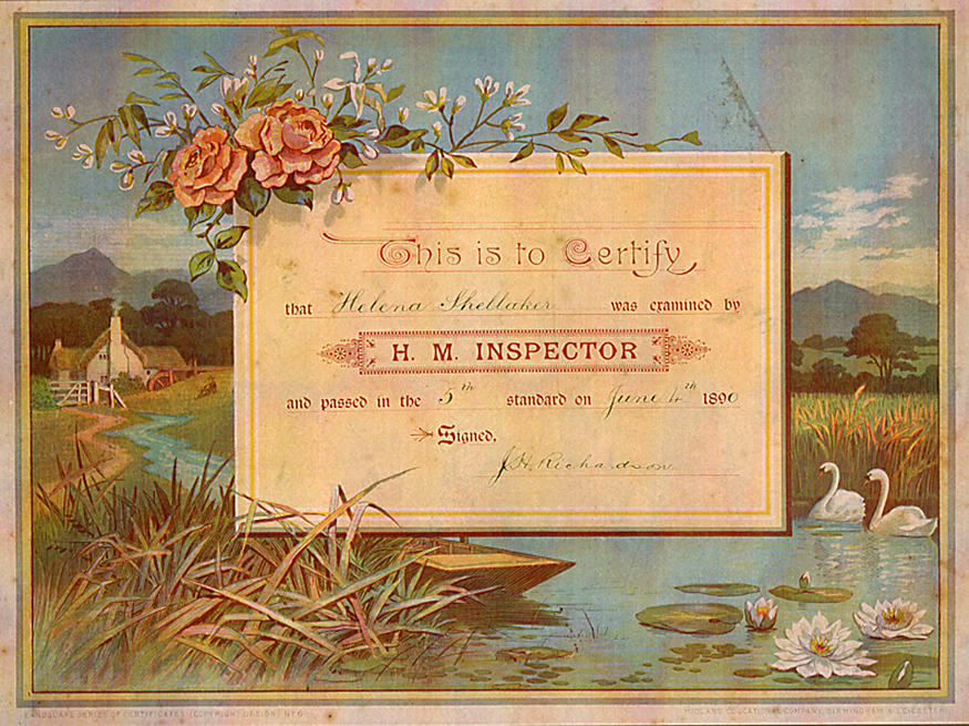 Nellie Shellaker – 5th Standard Certificate – Billesdon School - 1890