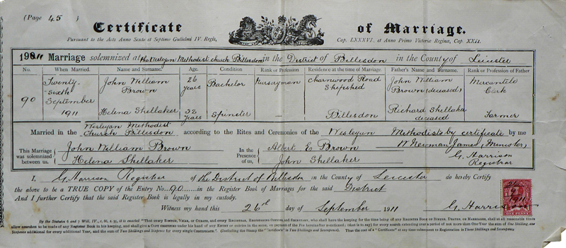 Nellie Shellaker & John Brown - Marriage Certificate
